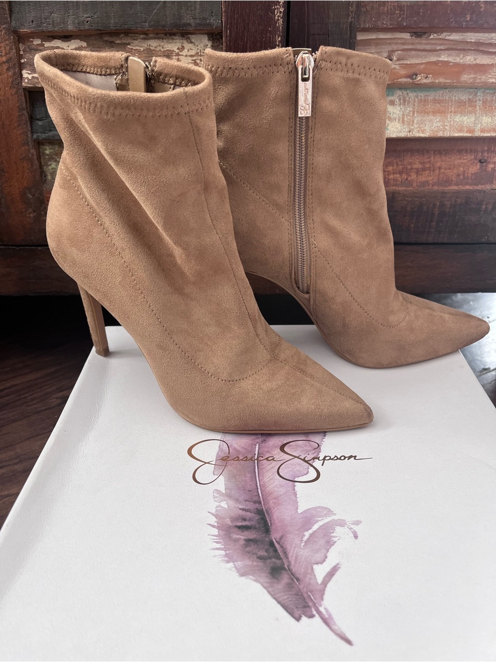 Jessica Simpson Tan Suede Pointed-Toe Ankle Boots